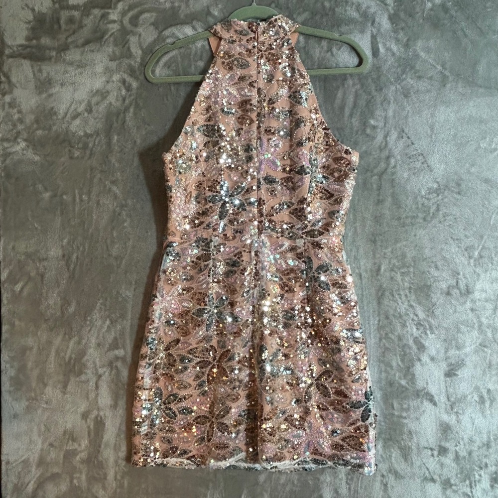 Adelyn Rae Rose Gold Floral Sequin Halter Mini Dress Bodycon Pink Silver Size M - Picture 6 of 12